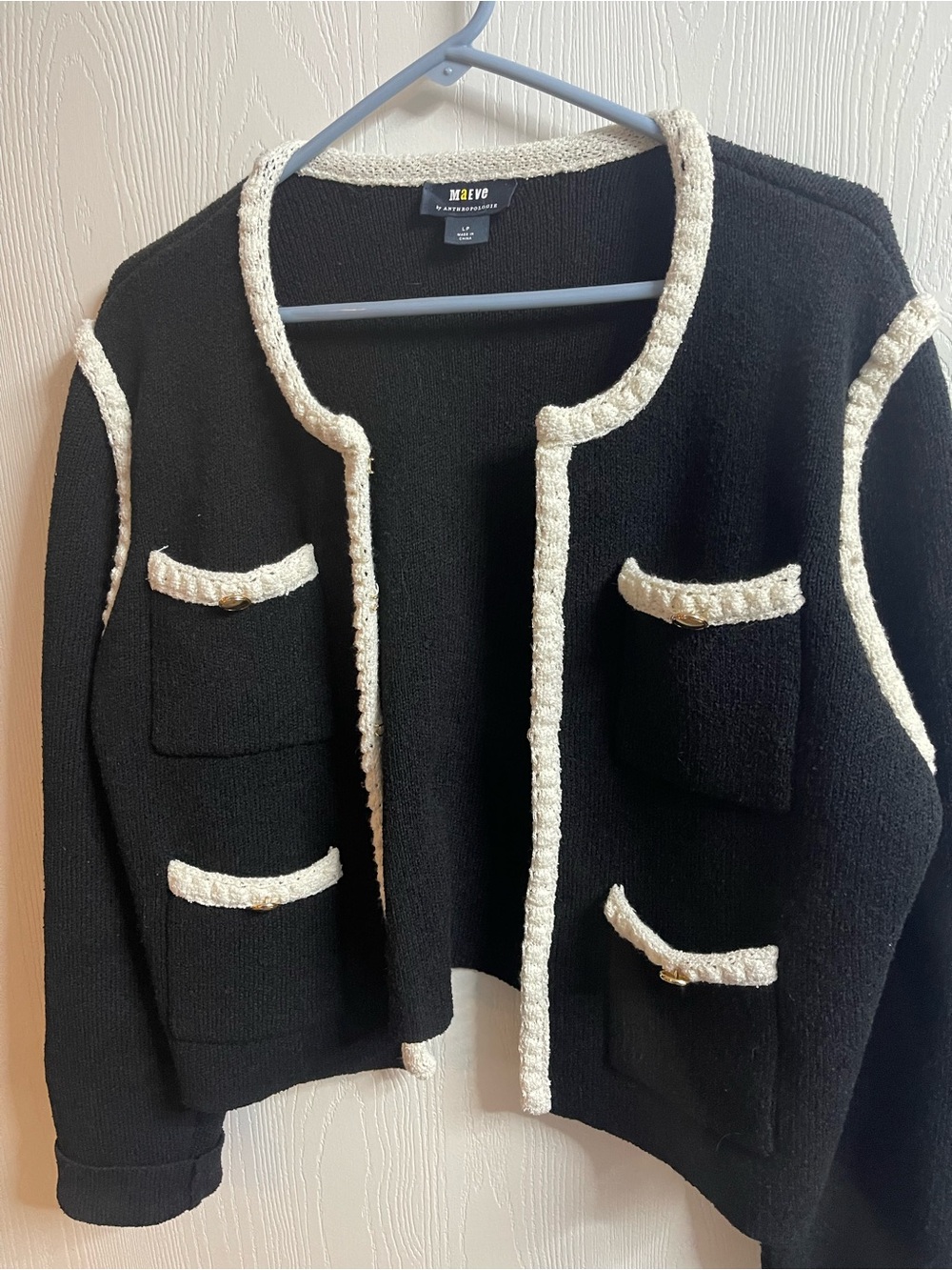 Maeve by Anthroplogie Black  Open-Front Jacket w/ Cream Trim and gold buttons